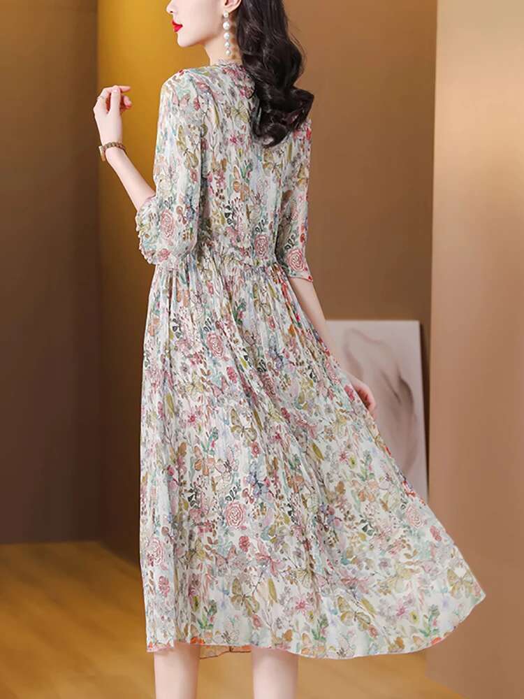 Women ral Chiffon Casual Beach Long Summer Fashion Flare Sleeve Ruffled V-Neck Dress 2024 Korean Elegant Dresses