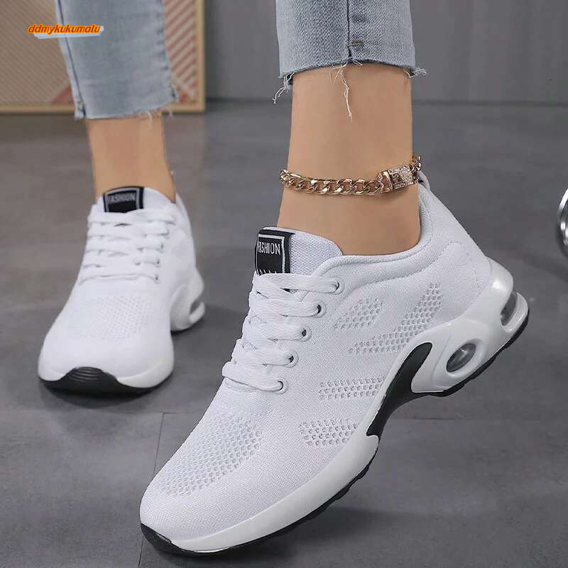 Women Air Cushion Sneakers Mesh Running Sport Lace-up Training Walk Flat Solid Black White Red Shoes 2024 New ddmykukumalu
