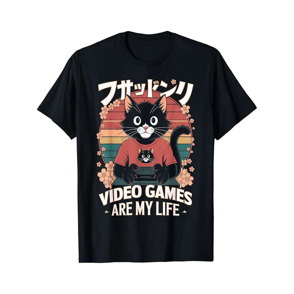 Designer T shirt Video Games Are My Life Japanese Cat Gamer Retro 80s 90s - 220g Tshits