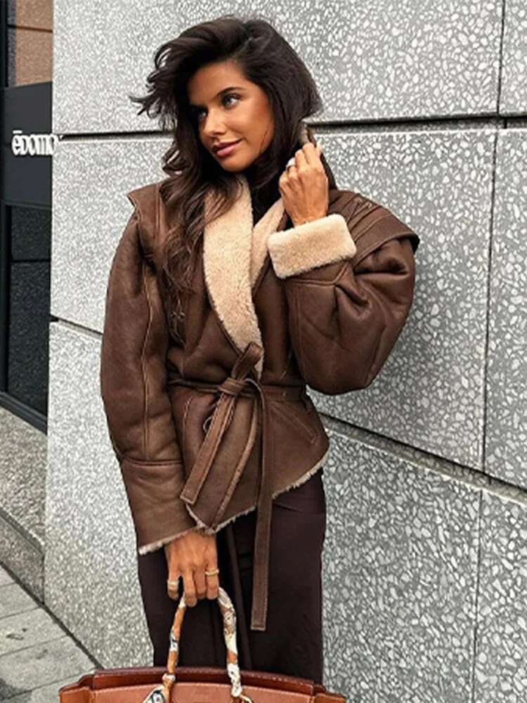Faux Fur Women's Jacket Street Vintage V-Neck Long Sleeve Belt Female Coat 2024 Winter Thicken Patchwork Chic Hem Lady Outwears