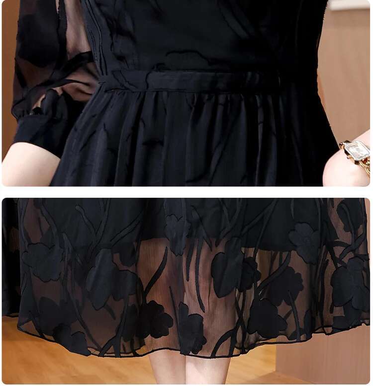 2024 Spring/Summer New Black Silk Short sleeved Dress for Women's Loose Large Solid Color Mesh Spliced V-neck Knee Length Skirt
