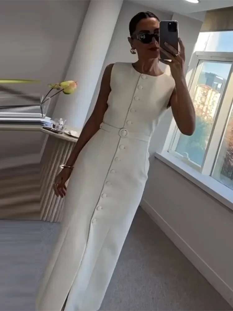 Elegant Single Breasted Sleeveless Midi Dress Women Belts O-Neck Slim Solid Dresses Spring New Chic Commute Lady Split Robe