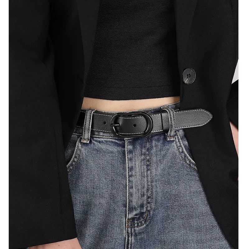 Vintage Womens Belt Soft Genuine leather Casual Jeans Belts Trendy Black Metal Buckle Skinny Belt for Dress Pants W250326