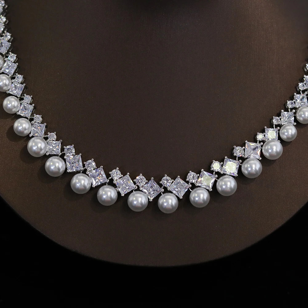 Elegant White CZ Wedding Accessories for Women Brides Classic Round Pearl Necklace and Earrings Costume Jewelry Sets X0482 250318