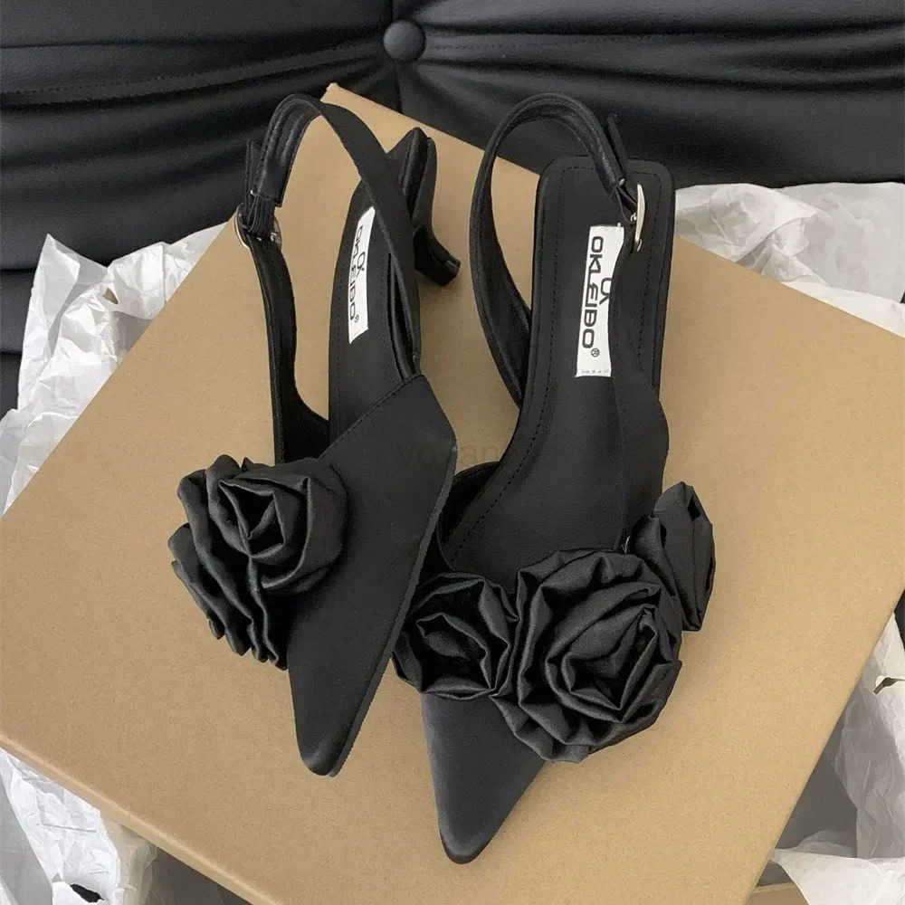 Elegant Wan Sandals High Heeled Sweet Rose Closed Toe Footwear 2024 Summer Slingback Pointed Fashion Dress Ladies Shoes Z250326