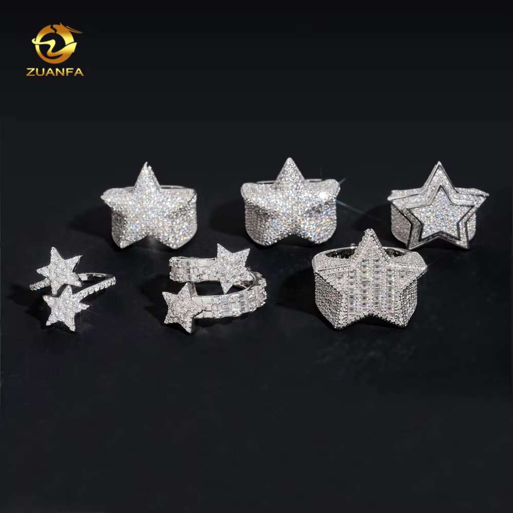 Hot Sale Instock Iced Out Star Moissanite Men Diamond Rings 925 Silver Hip Hop Ring Pass Diamond Tester Fashion Men Cuban Ring