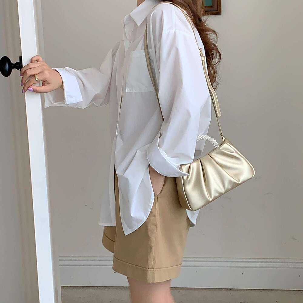 French pleated 2025 high-end feeling fairy like pearl small handbag gentle wind crossbody cloud bag for women