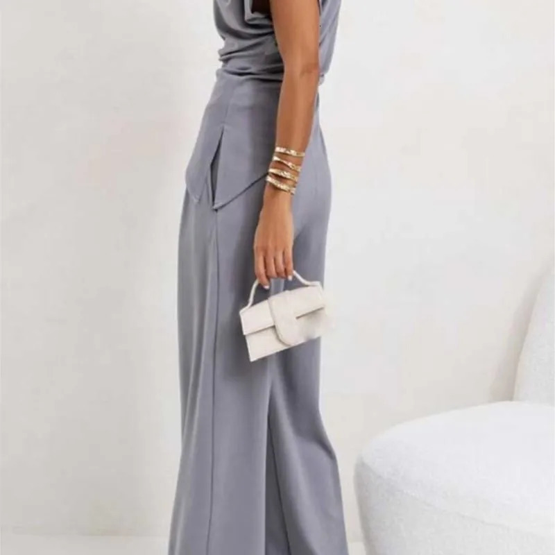 Summer Fashion Solid Two Piece Set Women Casual Off Shoulder Irregular Top Wide Leg Pants Two Piece Set Women 250321