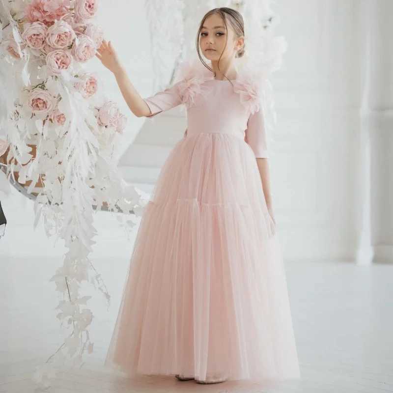 Customized light pink floral girl dress with thin gauze and half sleeves with bow tie suitable for weddings birthdays parties banquets and princess dr