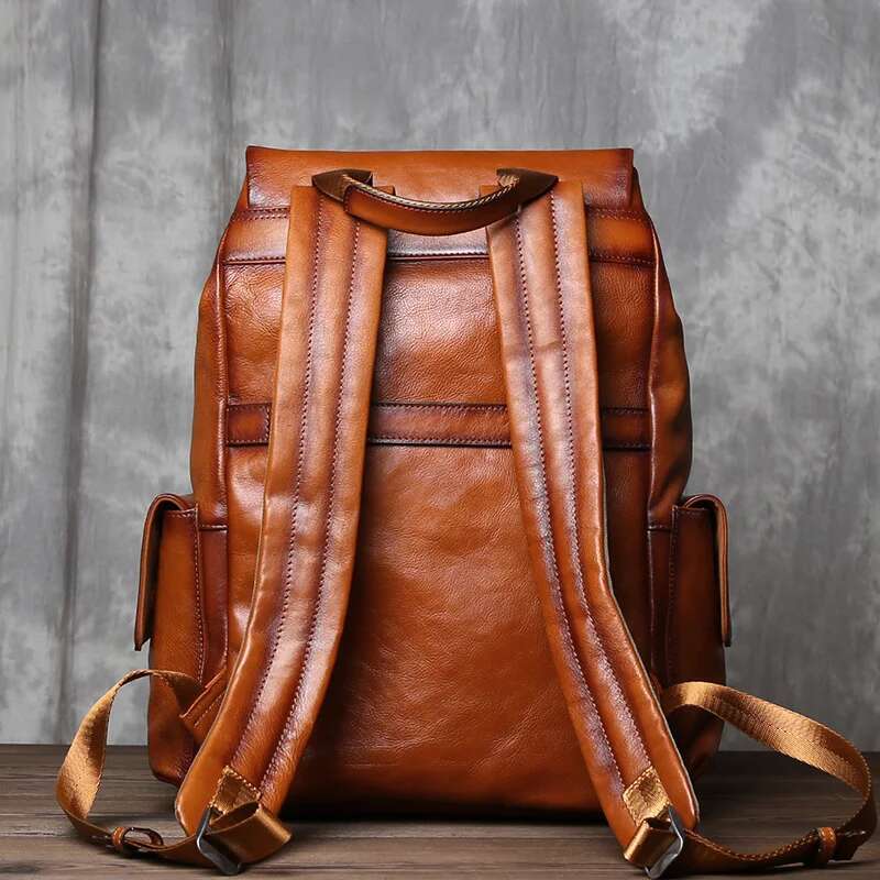 Solid Color High-Capacity Tree Cream Genuine Leather Backpack With Simple Drawstring Top Layer Cowhide 15 Inch Computer Bag