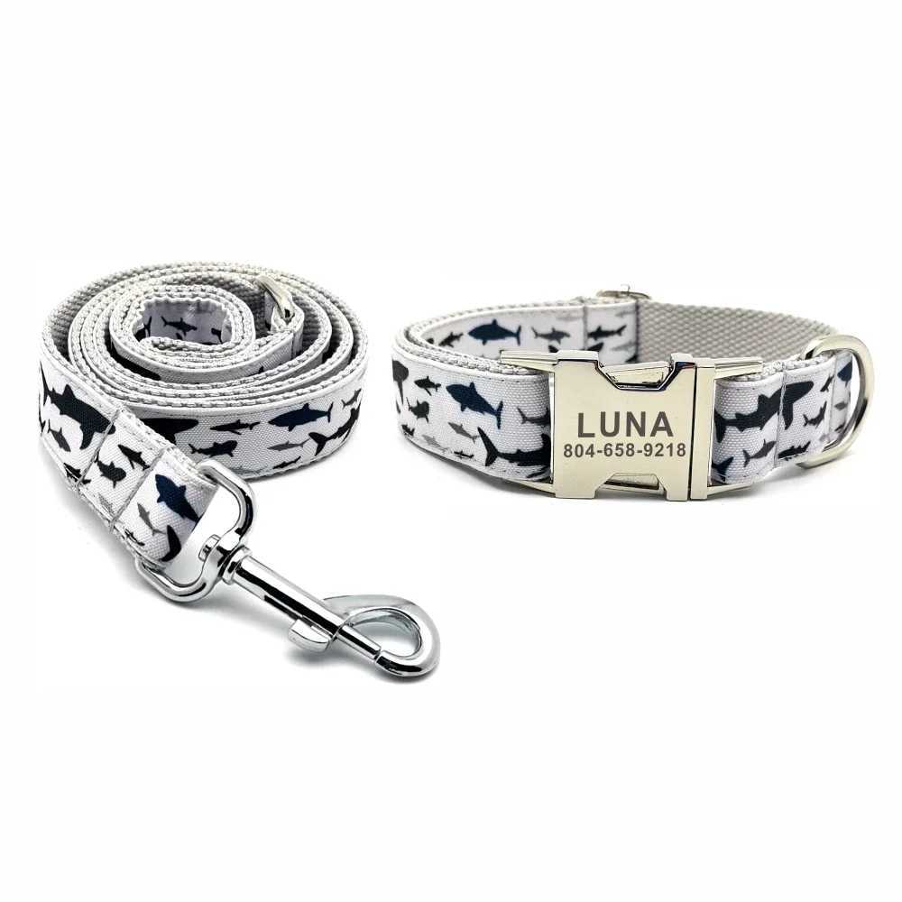 Personalized pet collar durable sea fish customized puppy name ID tag adjustable size shark gray basic dog collar belt X250326