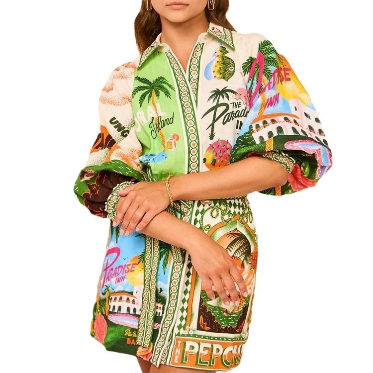europe and america 2024 new Independent station casual fashion printed shirt cardigan temperament versatile dress