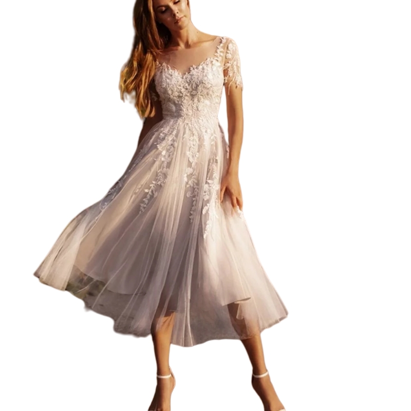 Tea Length Boho Wedding Dress Lace Appliques Short Sleeves A-Line Bridal Gown 2025 Beach Vestido De Novia