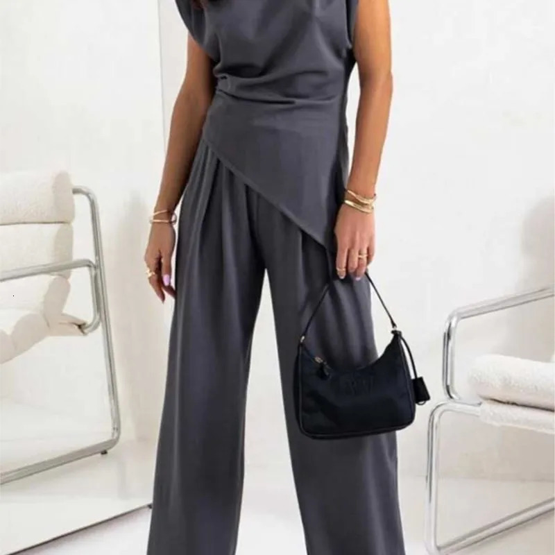 Summer Fashion Solid Two Piece Set Women Casual Off Shoulder Irregular Top Wide Leg Pants Two Piece Set Women 250321