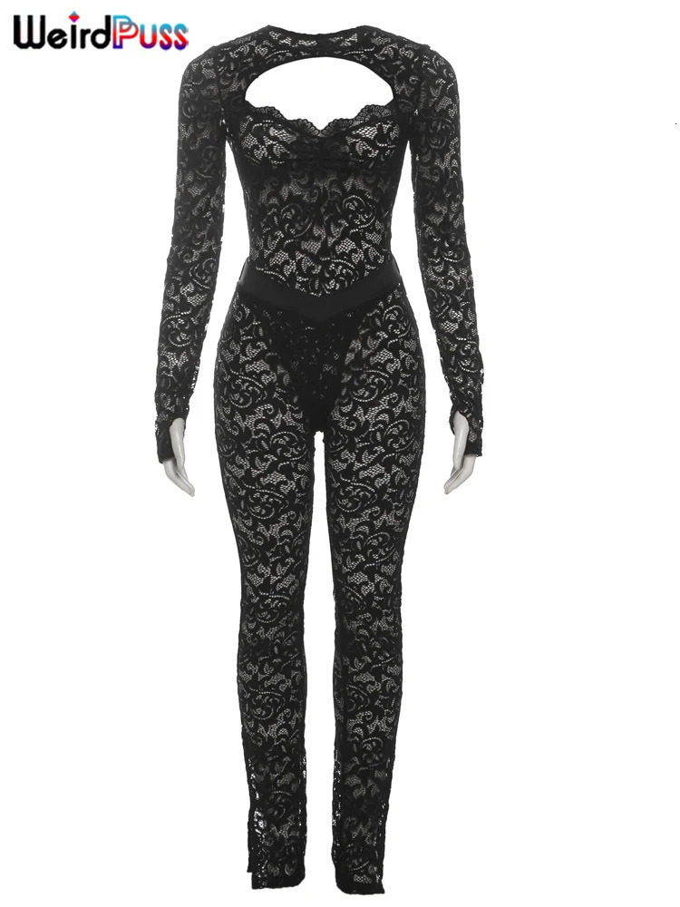 Weird Puss See Through 2 Piece Set Women Sexy Hollow Jacquard Backless BodysuitLeggings Tight Activity Clubwear Skinny Outfits 250325