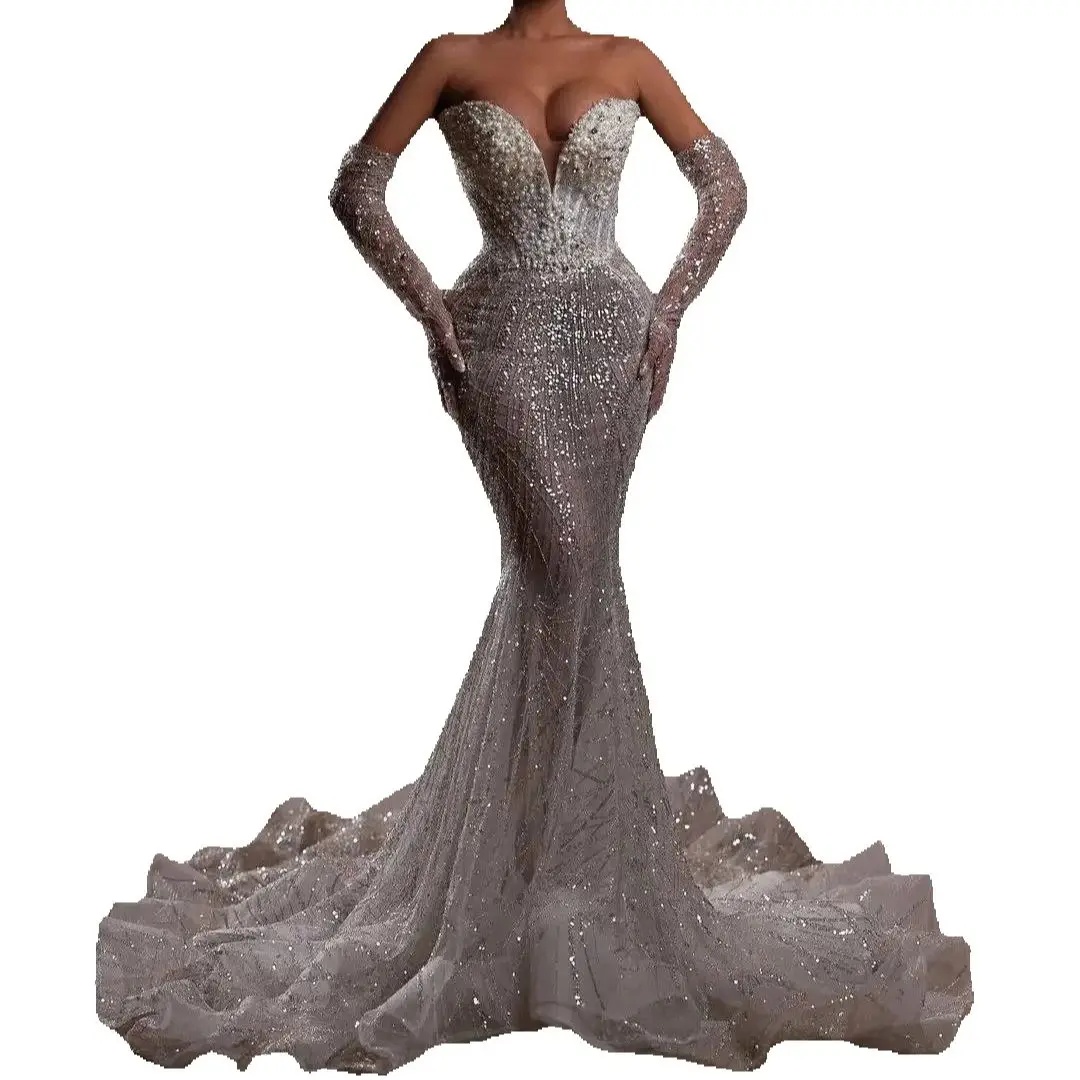Sexy Pearls Mermaid Wedding Dress Fashion Sequined Lace Sleeveless Bridal Gown Floor Length Vestido De Novia Customized