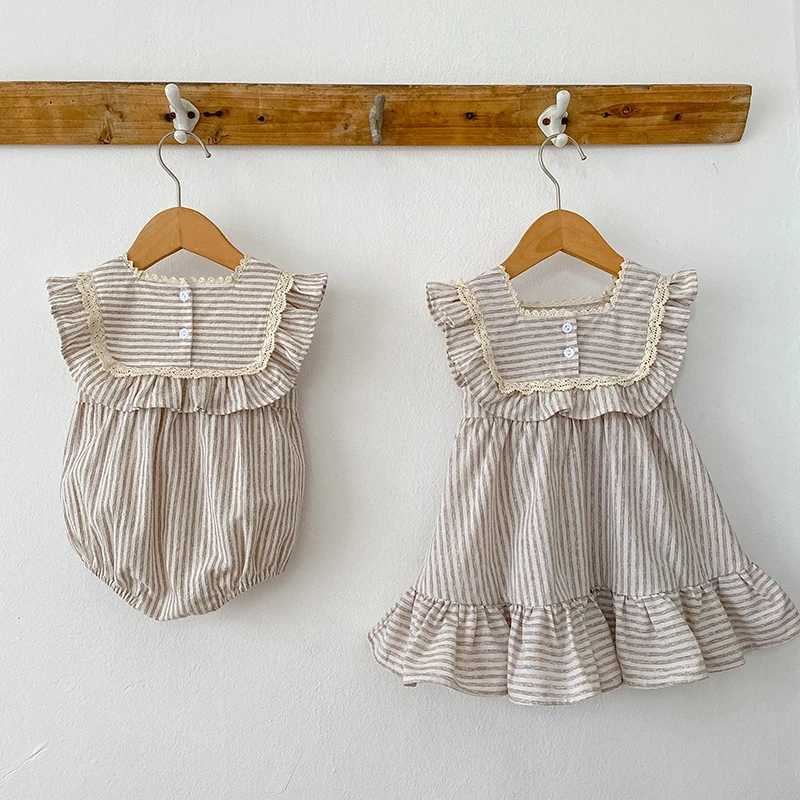 Sisters Clothes Kids Par dresses childrens baby girls jumpsuit sleeveless cotton striped summer baby girls princess dress Korean sled W250326