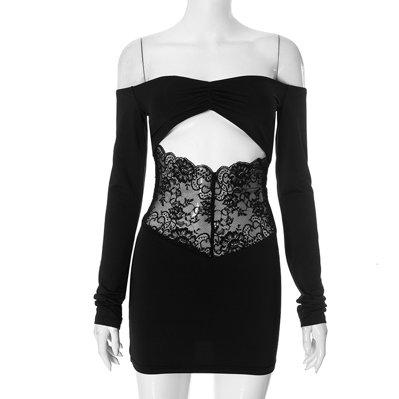 2025S Fashion Designer D DS Women S Autumn And Winter One Shoulder Strapless Lace Patchwork Hollow Transparent Hip Hugging Dress