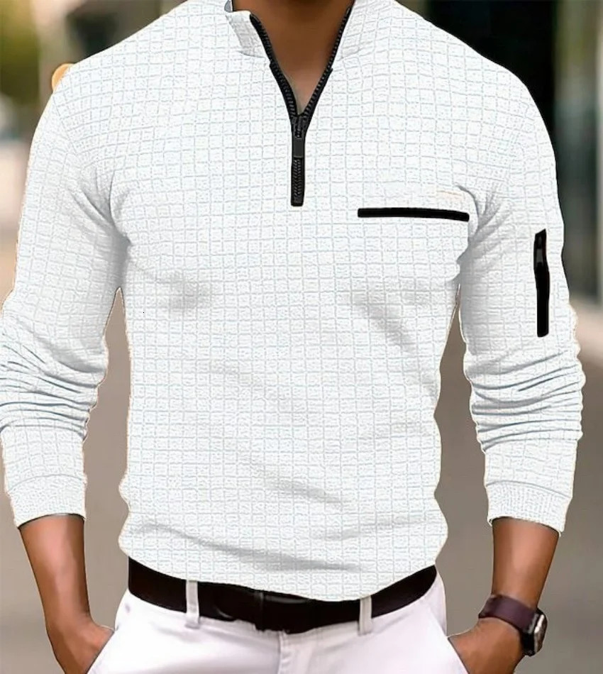 European and American mens sports casual shirt long sleeved checkered polo slim arm zipper 250326