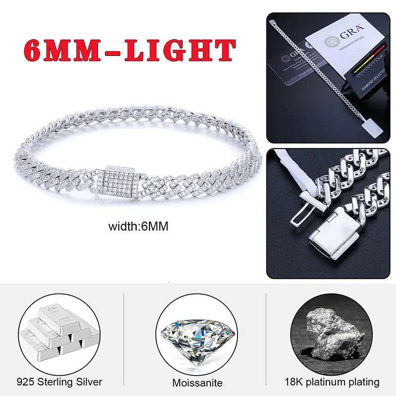 TUHE Unisex VVS1 D Color Moissanite 6mm Cuban Chain Bracelet S925 Silver For Men Hip Hop Jewelry