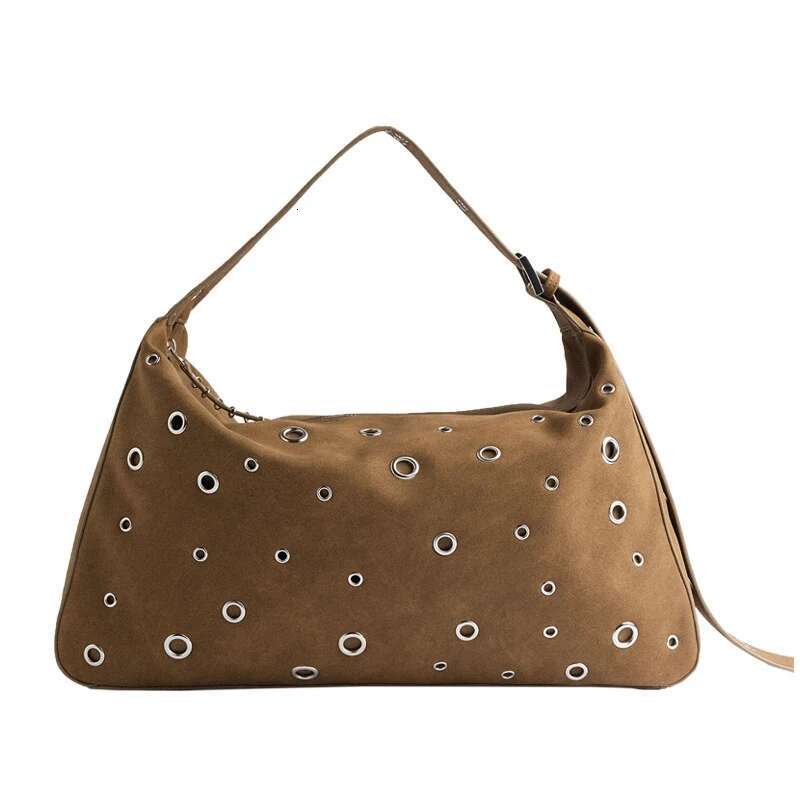 Design Rivet 2025 New Suede Hollow Handbag Wide Shoulder Strap Underarm Brown Brand Tote Box Storage Bag