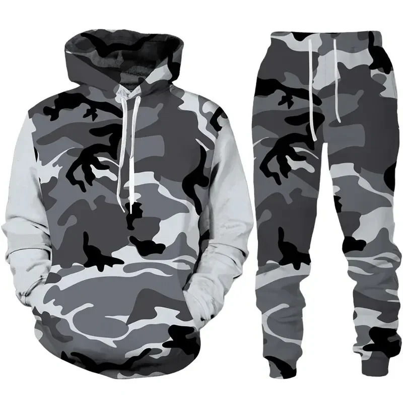 Camouflage hooded sweatshirt 3D printed sportswear set mens sweatshirtpants 2piece outdoor fitness casual 250326