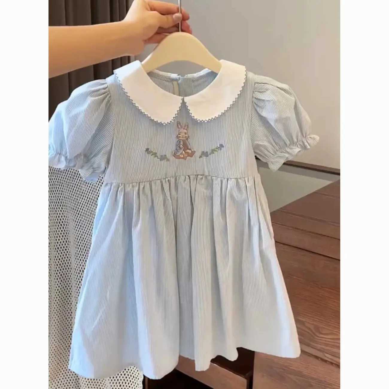 Baby girl short sleeved summer outfit new childrens bubble sleeves fashionable striped rabbit dress embroidered W250326