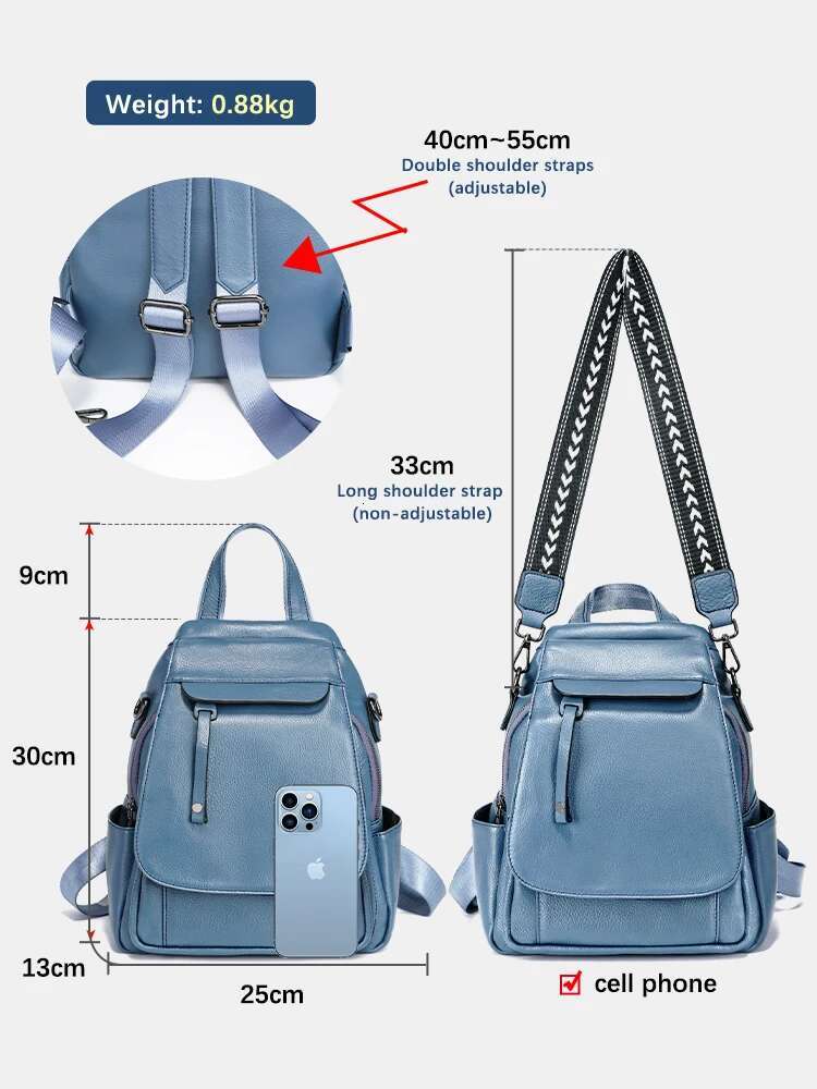 Zency Genuine Leather Women's Fashion Backpack High Quality School Travel Shoulder Bags Satchel Rucksack Multifunctional Pockets