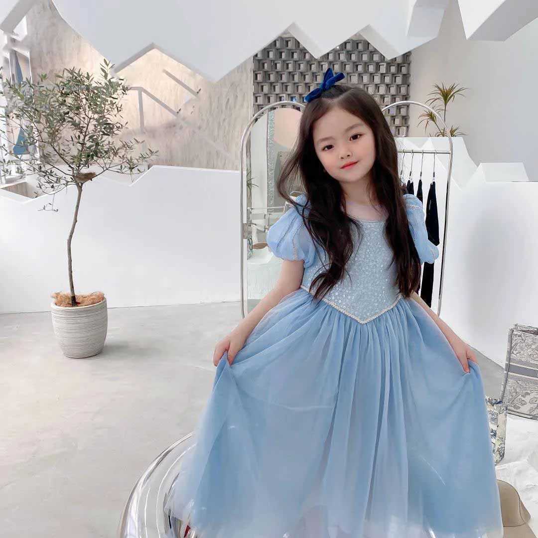 Summer girl princess dress with puff sleeves birthday dress with sequins sparkling costume performance costume big childrens costume W250326