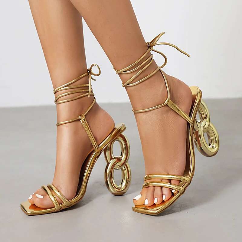 Kcenid New Mixed Colors Hollow Out Strange Heels Gladiator Sandals Women Pointed Toe Ankle Strap Pumps Wedding Party Prom Shoes