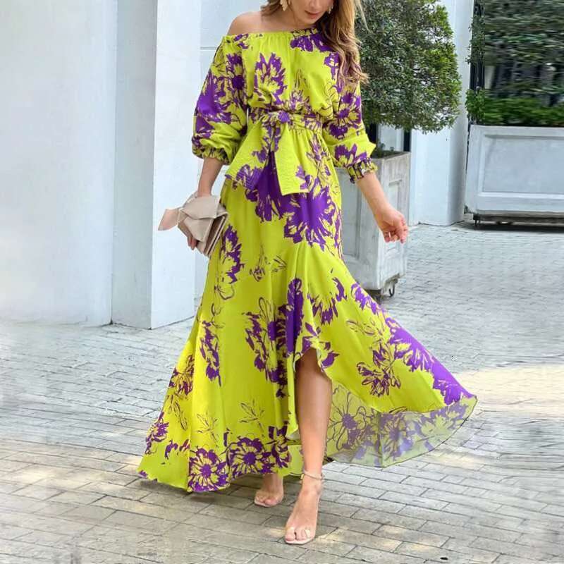 Basic Casual Dresses Woman New Elegant Skew Shoulder Long With Printed Lantern Sleeves High Waist Dress For Women