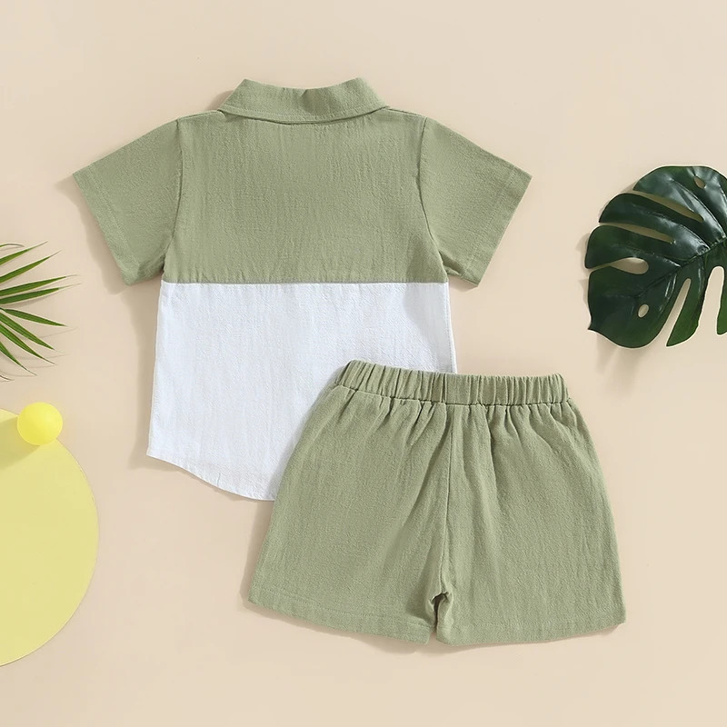 Boys Summer Fashion Set with Short Sleeve Pocket Shirt and Solid Color Shorts Turn-Down Collar Outfit for Kids 2-Piece Suit 250325