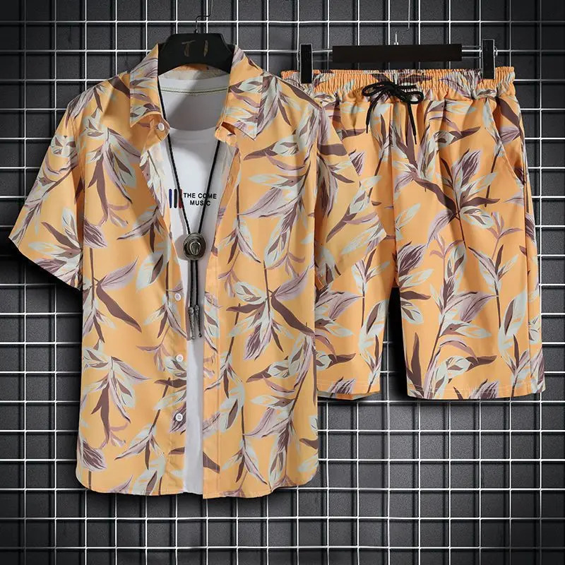 Hawaiian mens shirt set casual collar short sleeved and clothing summer beach vacation Tshirt 250326