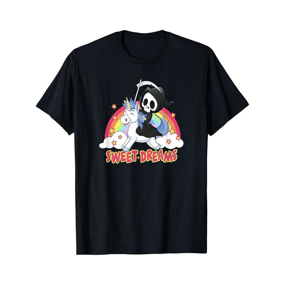 Designer T shirt Sweet Dreams Cute Grim Reaper Riding Unicorn Over Rainbow - 220g Tshits