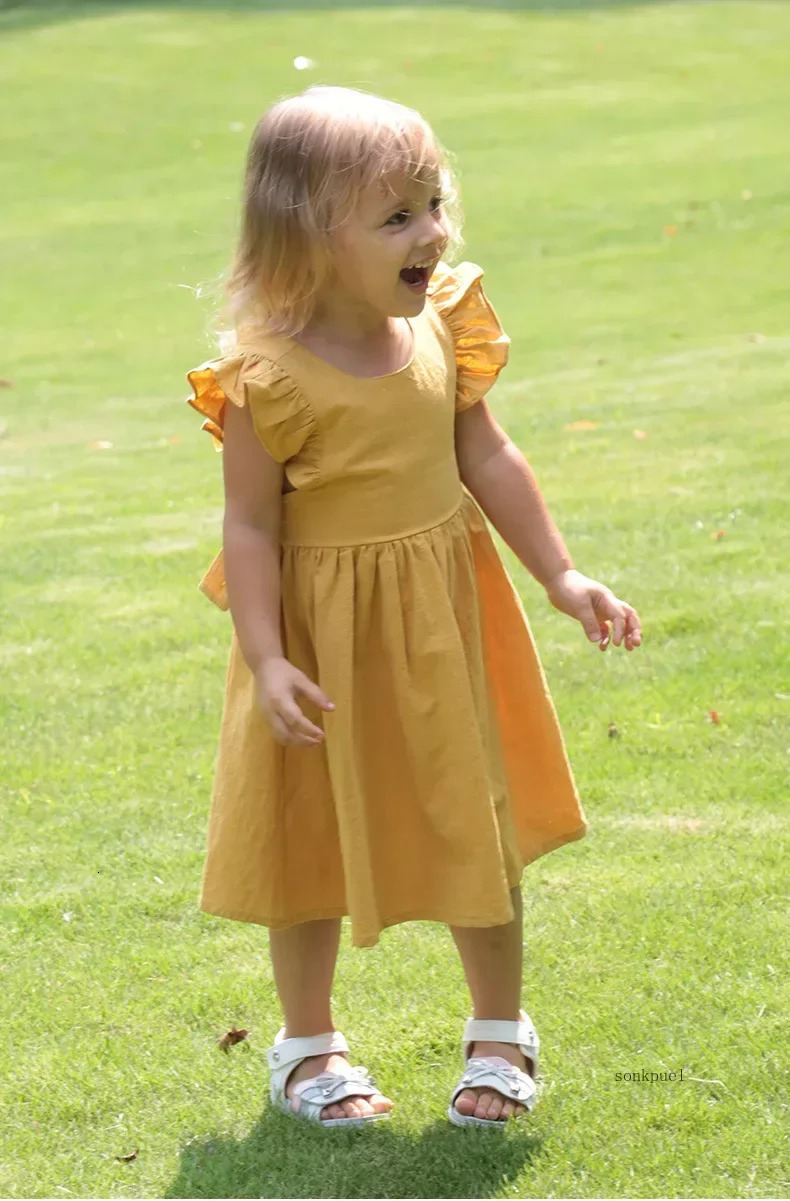 Summer Infant Girls Dress Flying sleeve Cotton Linen born Baby Girls Princess Dress Kids Party Dresses 250326