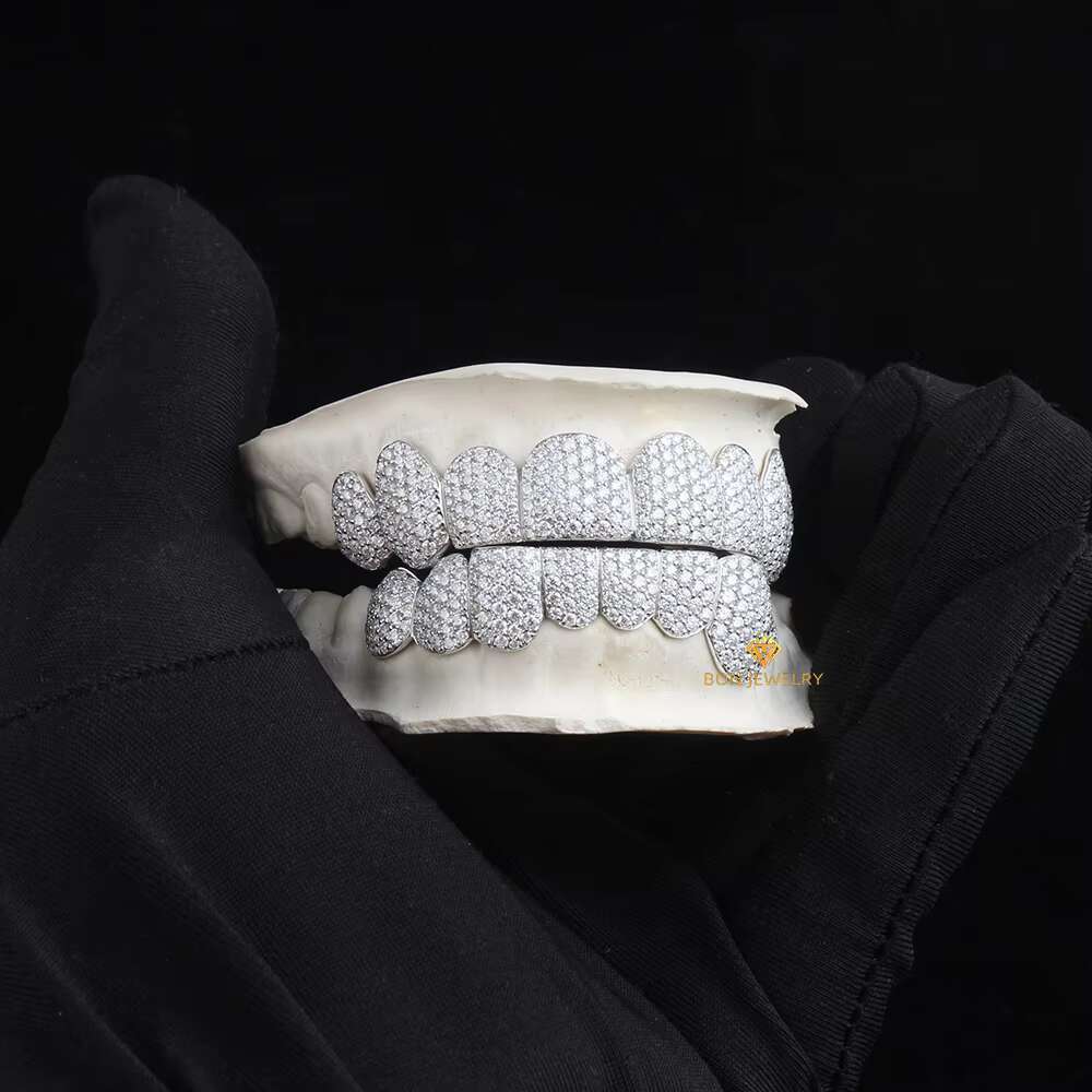 Hot Sale Custom S925 Silver Iced Out VVS Moissanite Grillz Teeth up 8 Down 8 Can Diamond test Men Hiphop Jewelry