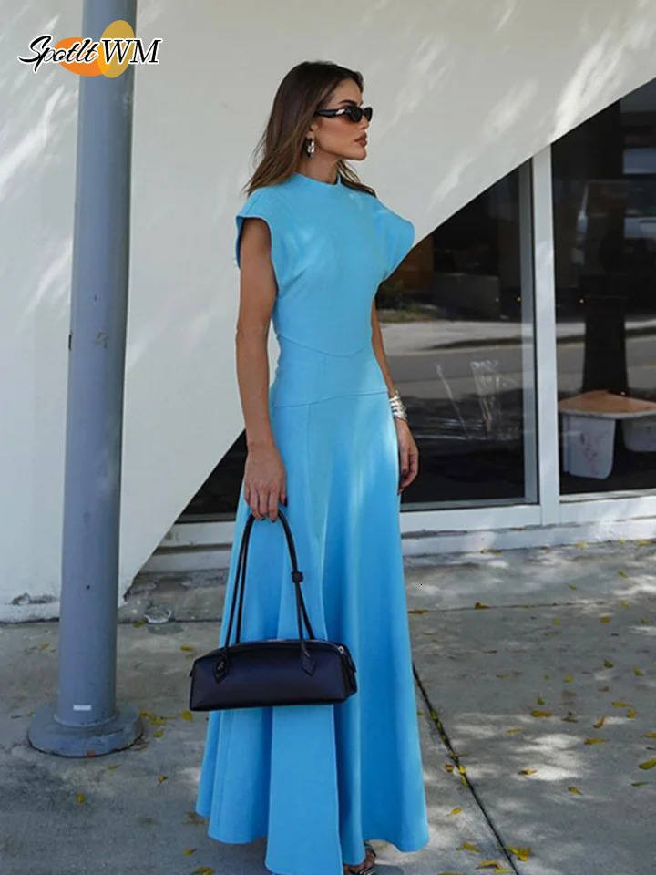 Chic Shoulder Pad Round Neck Solid Maxi Dress Women Elegant Sleeveless A-line Long Dresses Lady Fashion High Street Robes 250325