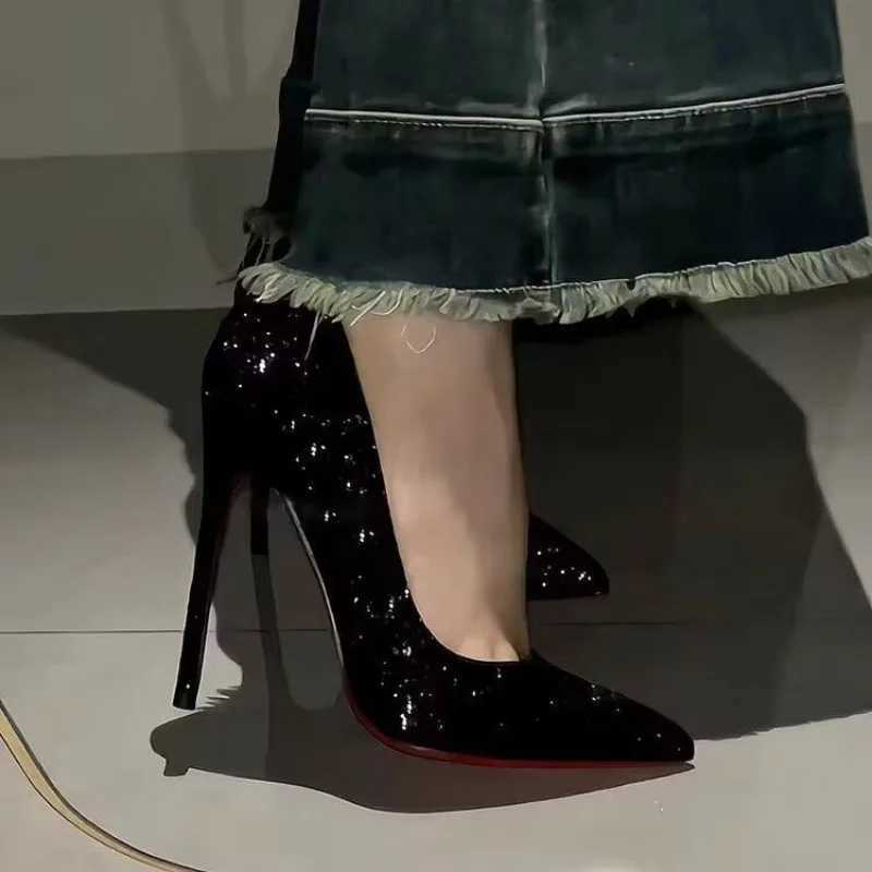 Black High-heeled Shoes Wens Fine-tipped 2024 Spring-autumn New-style Sequins Crystal Wedding Shoes Pointed-toe Sexy Shoe Z250326