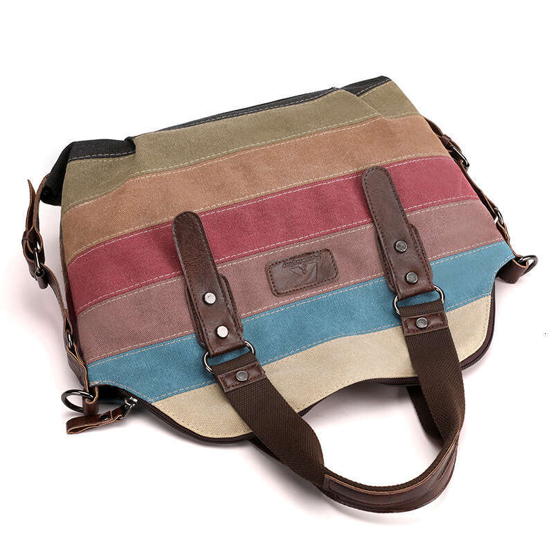 b9 2025 New Canvas Casual Fashion Art Academy Single Shoulder Diagonal Span Large Capacity Women's Color Contrast Splicing Bag