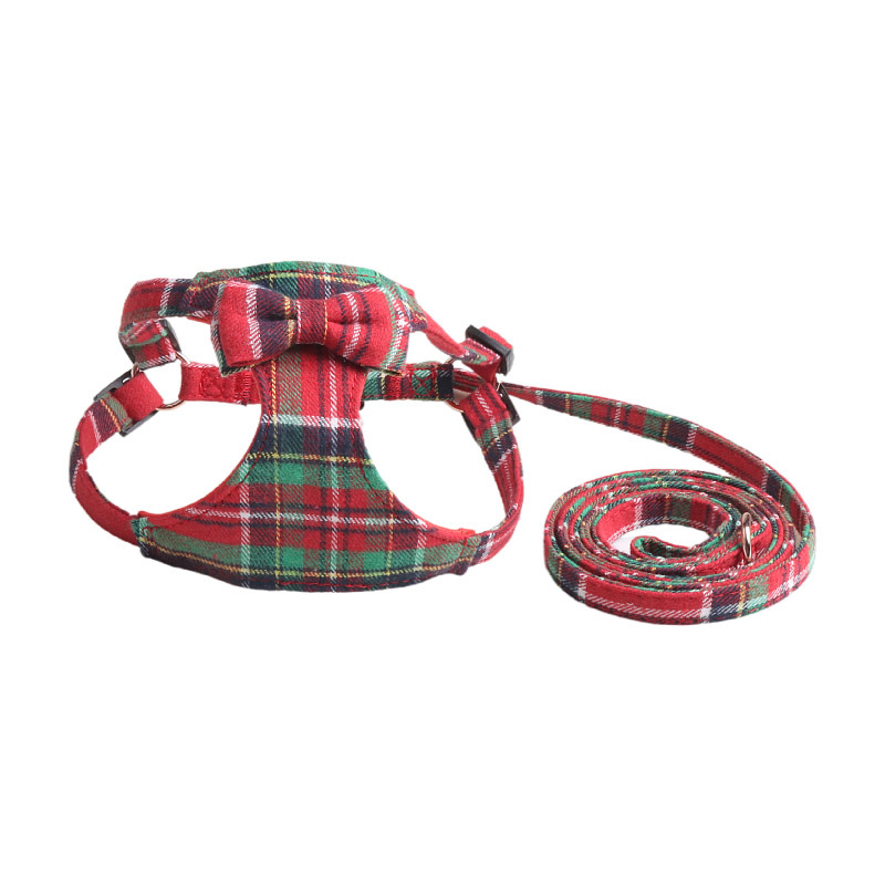 Classic Plaid Christmas Dog Harness Leash Set with Bowknot Comfort Adjustable Pet Vest Harness Ideal Holiday Gift for Small Dogs Daily Walking A25 - view 5