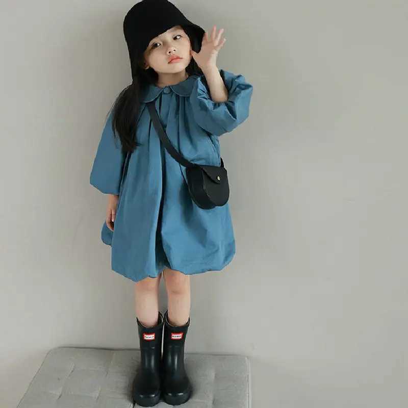 Summer casual baby and girl cotton loose pure blue puff sleeves single chest flower bud dress childrens cute clothing 2-8 years W250326
