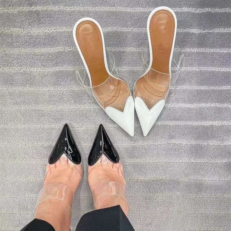 Elegant Pointed Toe Transparent PVC Heart High Heels Mules Slipper Women 2024 Black White Red Shoes Designer Pumps