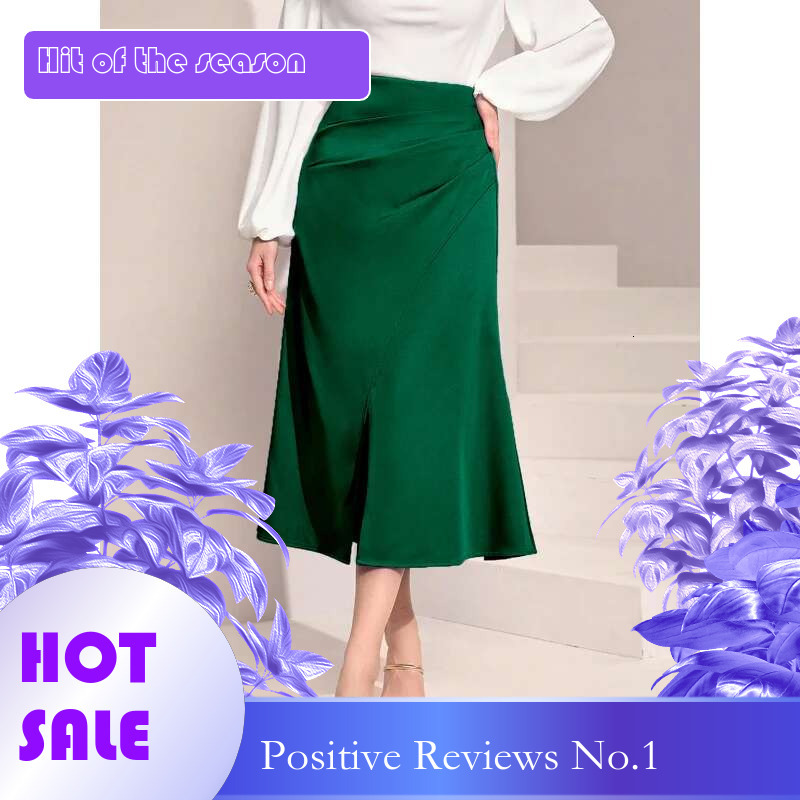 Dongdumaoyi Dames Hoge Taille Satijnen Geplooide Lange Rok Met Split Effen Kleur Midi Ritssluiting Zeemeermin Kokerrok W