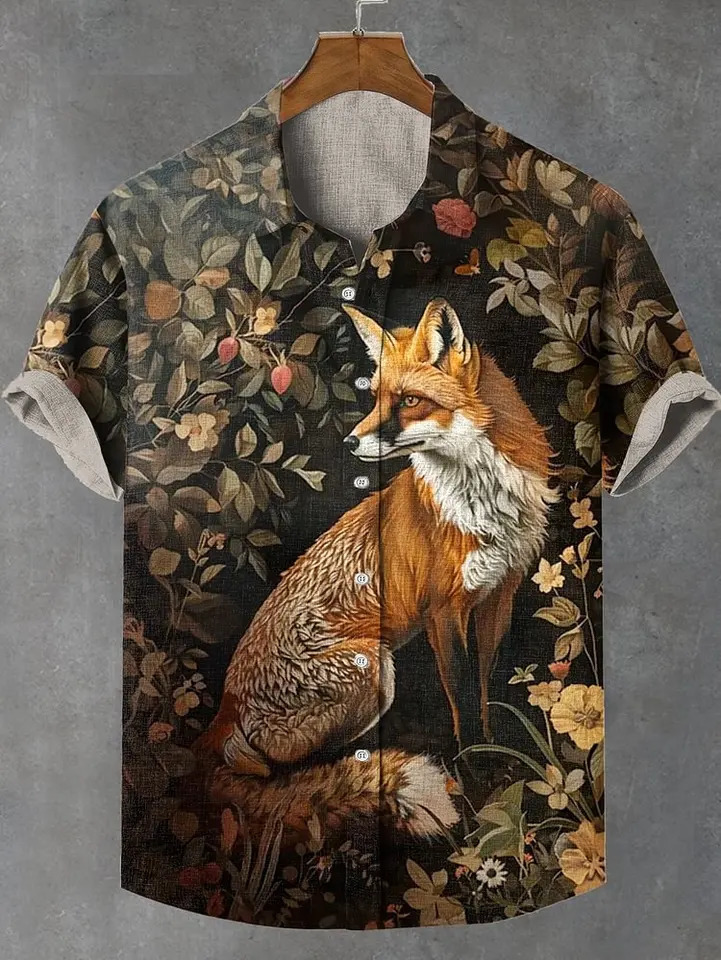 2025 linen comfortable fabric Asian style retro pattern printed mens short sleeved shirt casual wear button top 250325