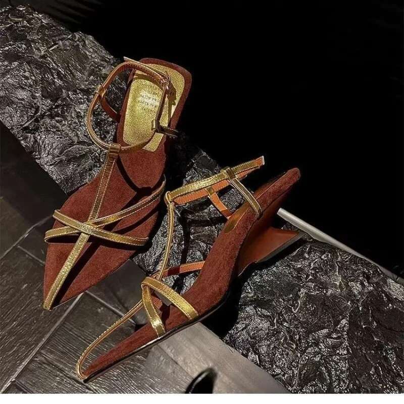 2025 Summer New Women's High Heels Leather Strap Diagonal Back Women's Designer Fashion Wedding Sandals