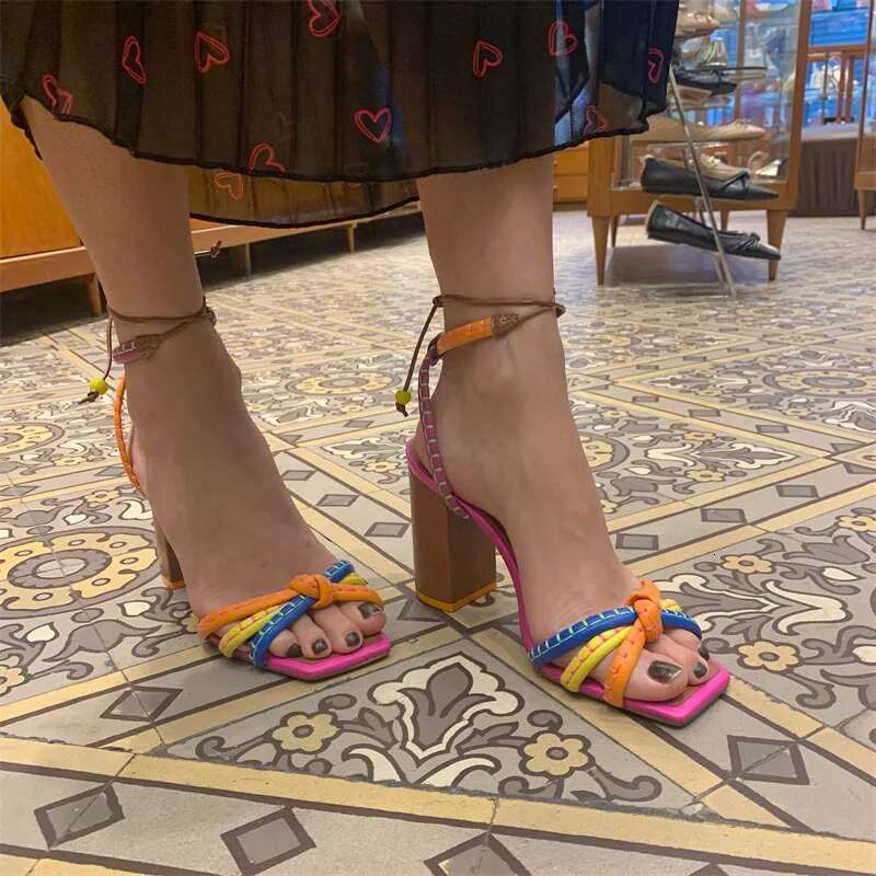 Brazil Fashion Twist Woven Color Blocking Designer Brand Women's Shoes Thick With High Heel Sandals Female Casual