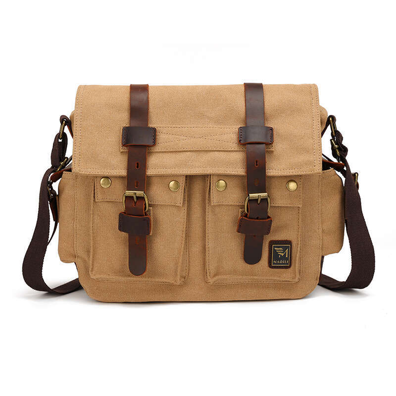 Wind canvas with crazy horse leather men's shoulder bag, unisex versatile casual bag