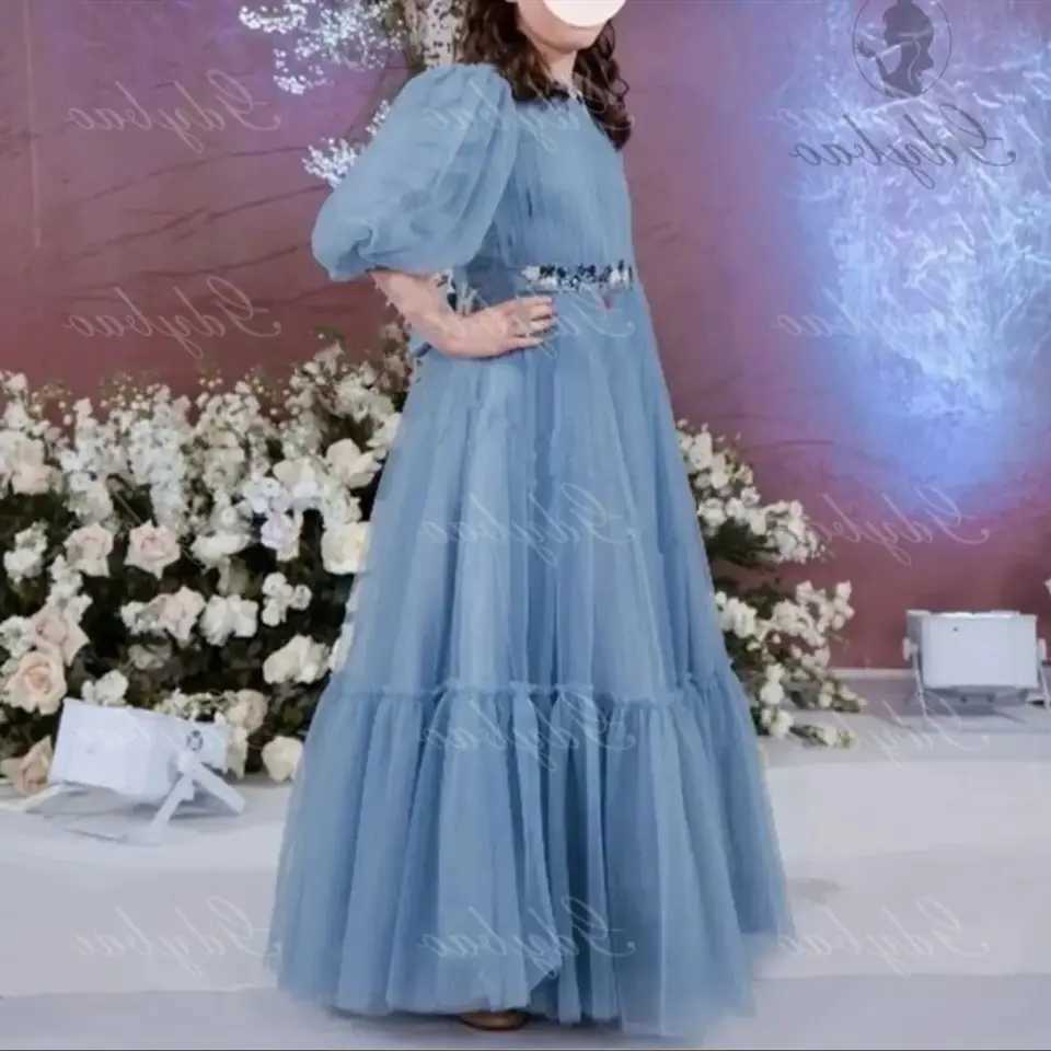 Grey blue chiffon short puff sleeve flower girl dress pleated floor length belt youth concert dress customization W250326