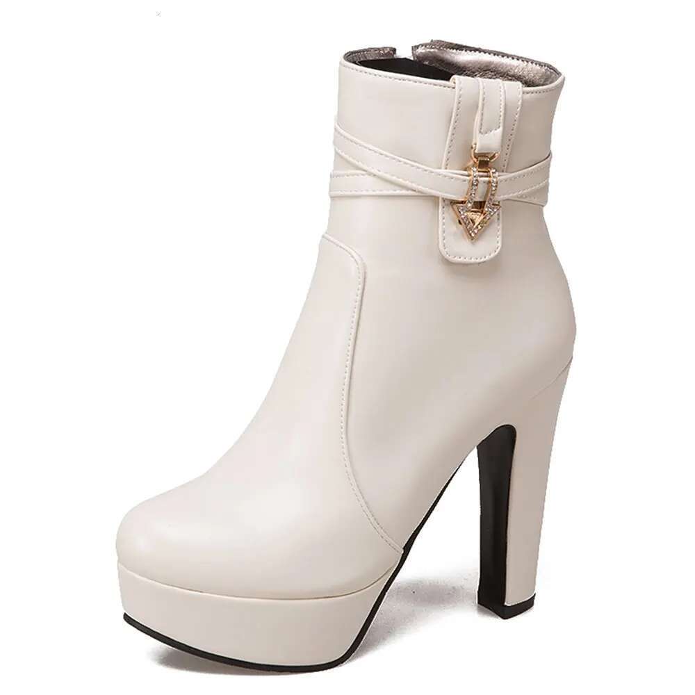 High Heel Sgesvier Autumn PU Leather Ankle Square High Heels Round Toe Platform Black White Women Boots Plus Size G