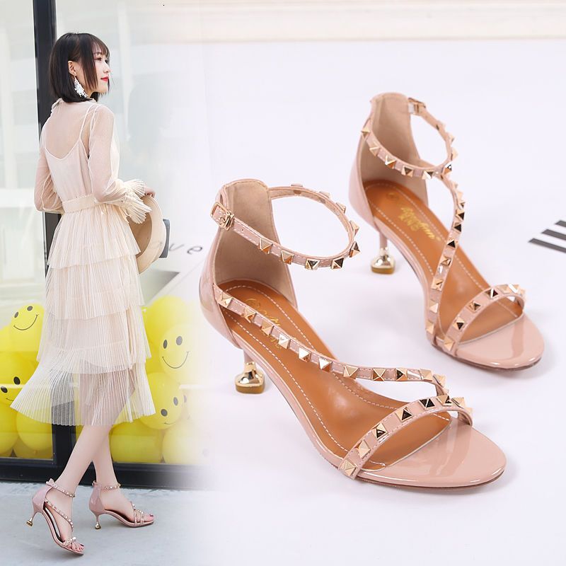 New rivet fashion pearl cat with student one button sandals, internet famous girl sexy high heels, exposed toes